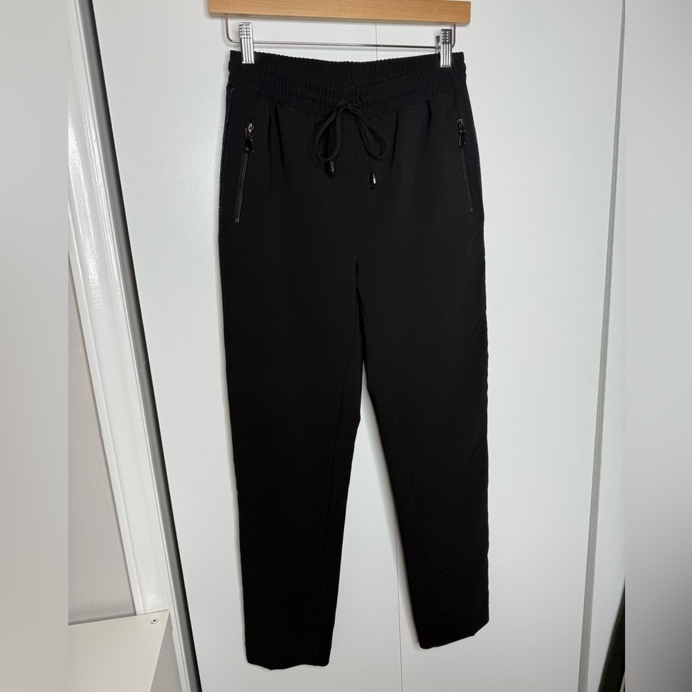 Lauren Vidal - Straight leg casual athleisure pants- black with blue stripe XS